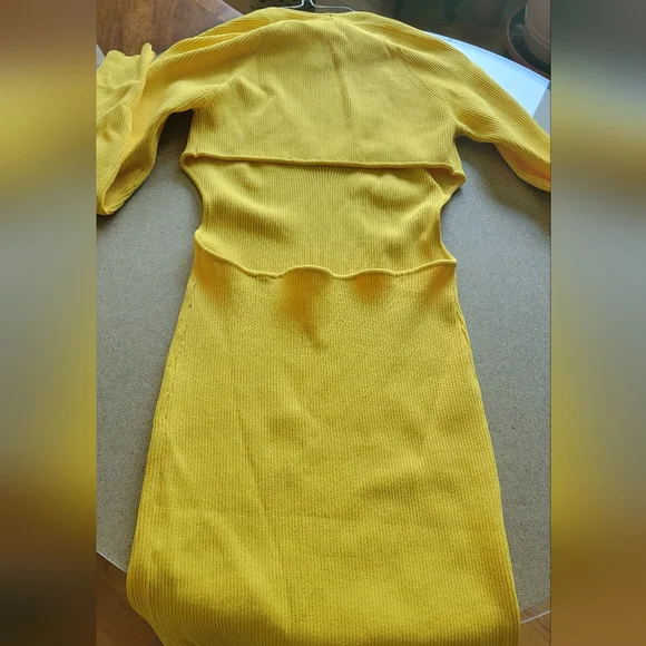 Zara Vibrant Yellow Long Sleeve Bodycon Ribbed Knit Mini Dress SIZE M. - Picture 6 of 10